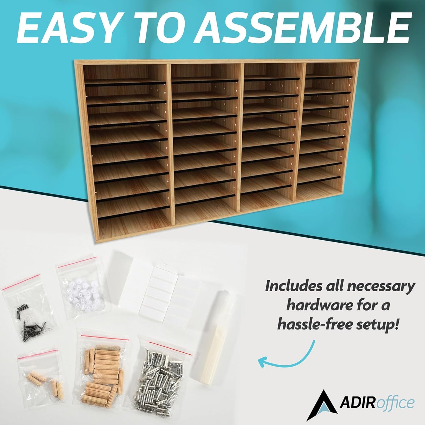AdirOffice Wooden Adjustable Literature Organizer, 36 Compartment Office Mailbox, or Classroom Literature Organizer, Medium Oak