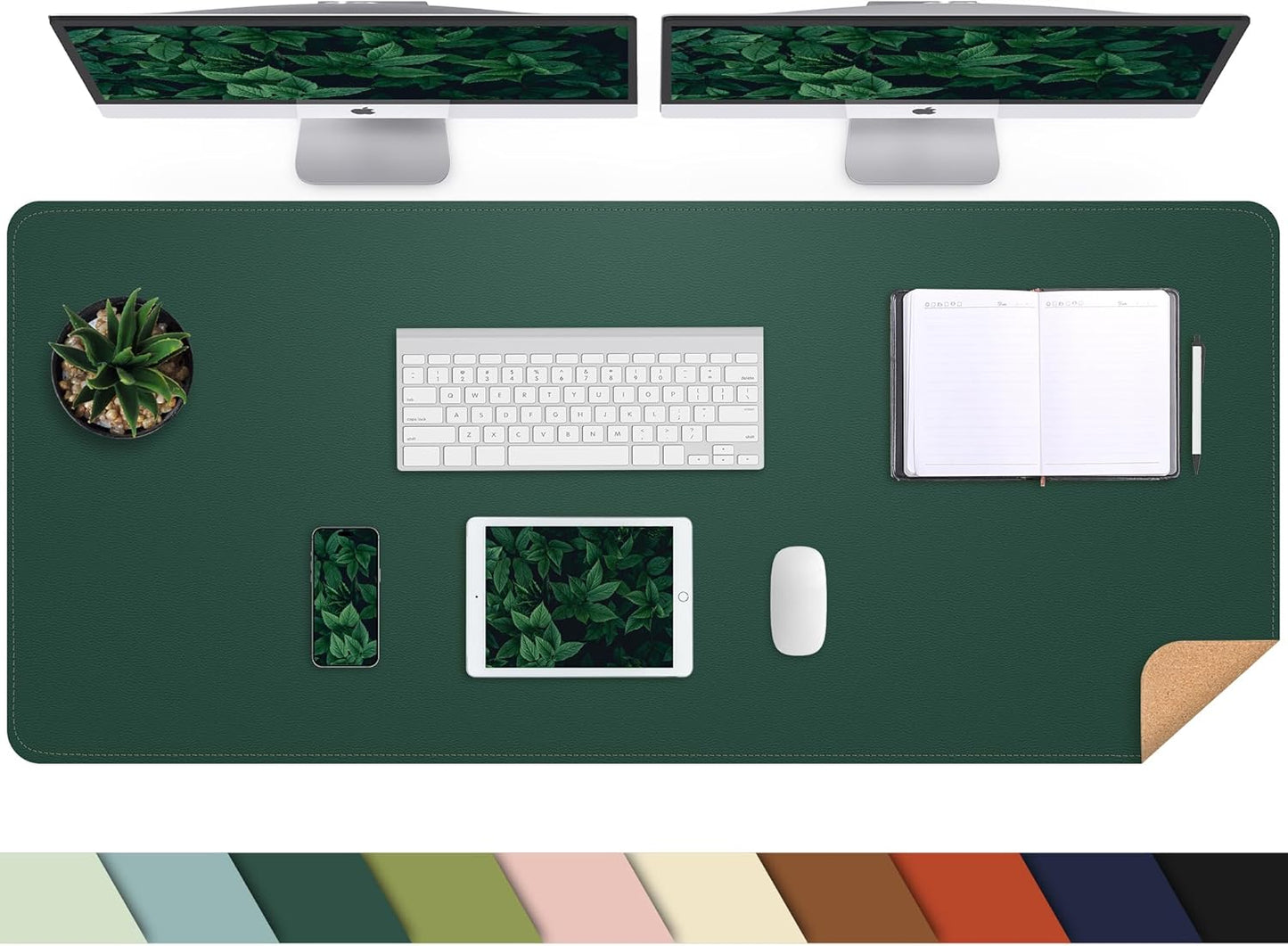 Leather Desk pad Protector, Large Desk mat with Natural Cork & PU Leather,Mouse pad,Non-Slip Office Desk Mat,Waterproof Desk Writing Pad for Office and Home (47in*23in, Dark Green)