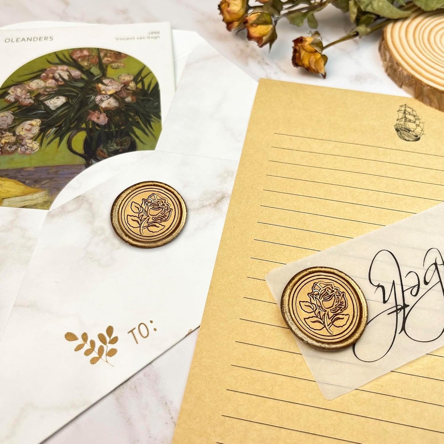 100Pcs Wax Seal Stickers Handmade Envelope Seals Self Adhesive Wax Stickers for Wedding Party Invitations, Envelope, Gift Wrap, Christmas(Rose Style, Bronze)