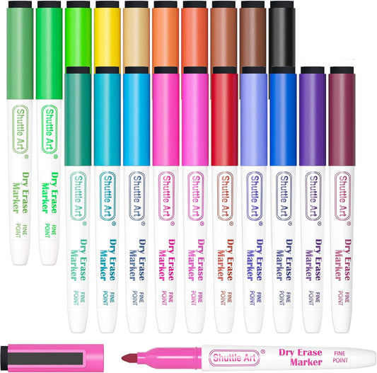 Shuttle Art Magnetic Whiteboard Markers, 20 Pieces Fine Tip and Eraser, Dry Erase Whiteboard Markers, for Writing on Whiteboards, Weekly Planner, Glass for School Office Home