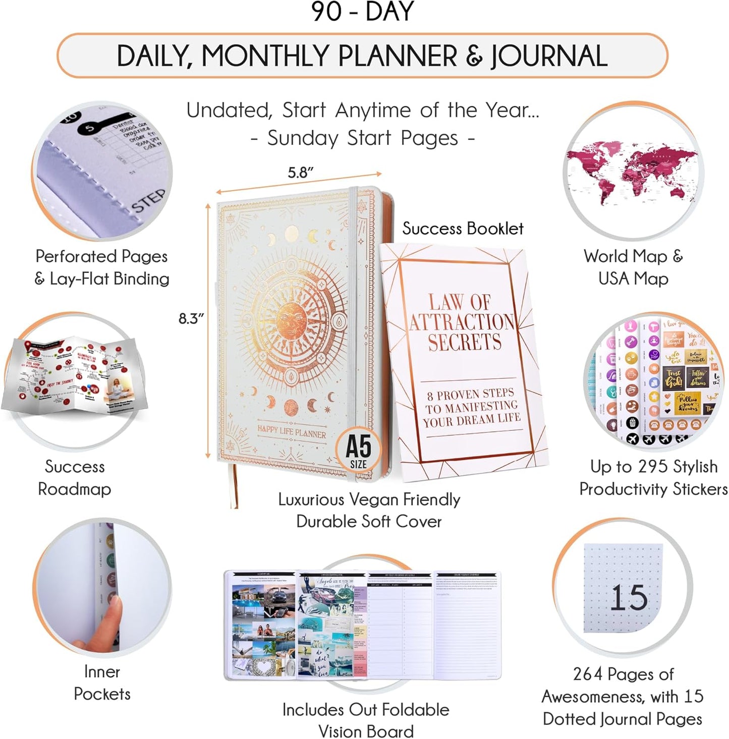 Guided Journal - Gratitude & Mental Health Journal for 5 Minute Daily | 90-Day Undated Planner for Positivity & Manifestation | Guided Mindfulness, Self Care & Reflection | Vision Board + Stickers