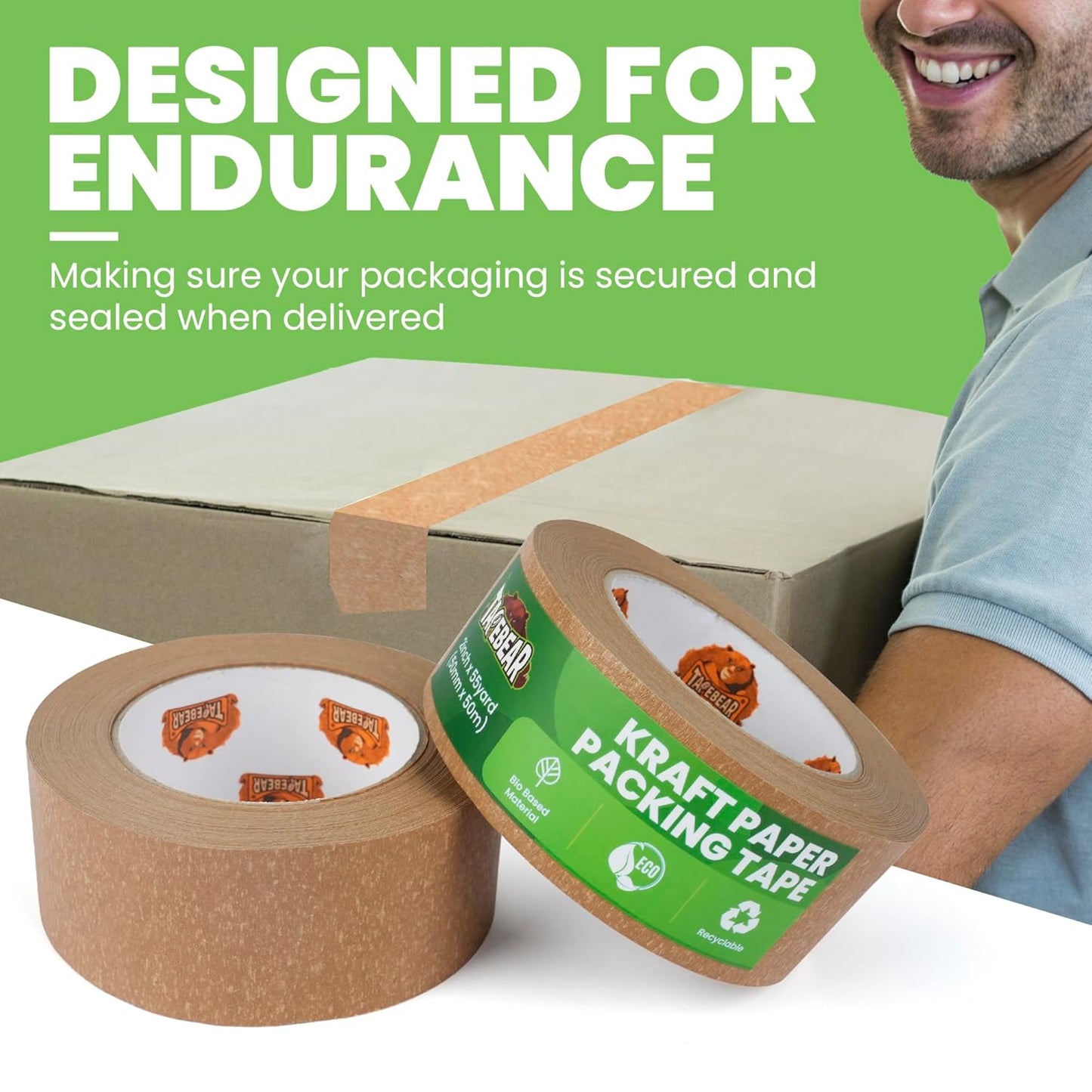 Eco-Friendly Kraft Paper Tape, Biodegradable Heavy Duty Packing Tape 2Inch x 55Yard, Recyclable Packaging Tape Self Adhesive Box Tape for Shipping, Sealing, Moving & Masking, 6Rolls