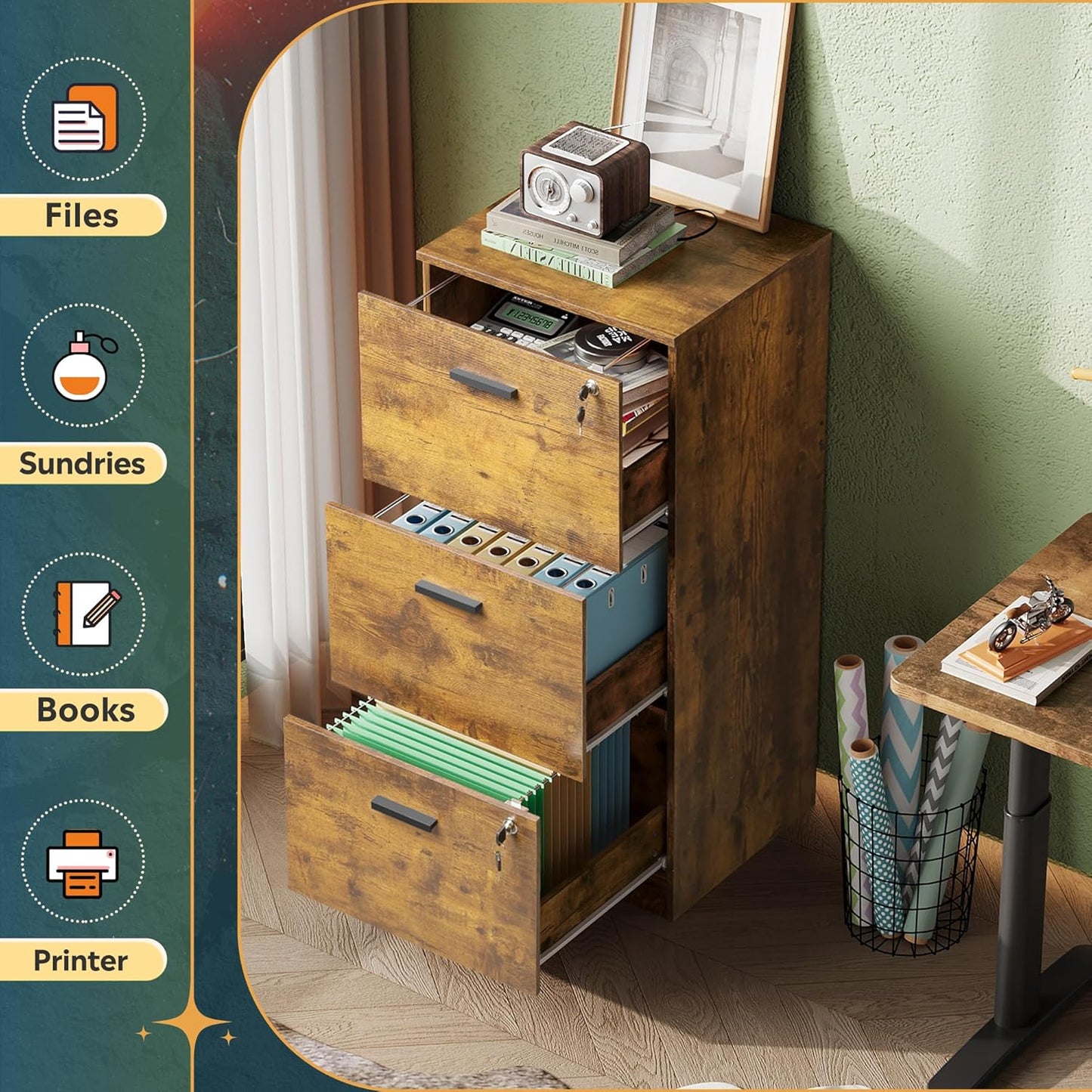DEVAISE 3 Drawer File Cabinet with Lock, Vertical Wood Filing Cabinet for Home Office, Printer Stand for Letter and A4 Size, Rustic Brown