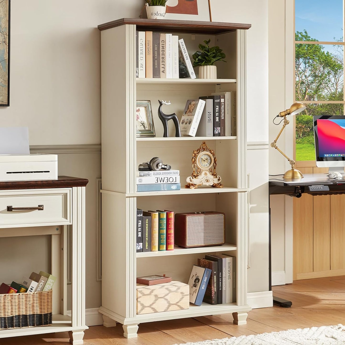 70" Tall White Bookshelf,5 Tier Wood Book Shelf with Adjustable Shelves & Wood Legs,Free Standing Farmhouse Bookcase with Open Display Storage,Vintage Kids Bookshelves for Nursery,2PCS