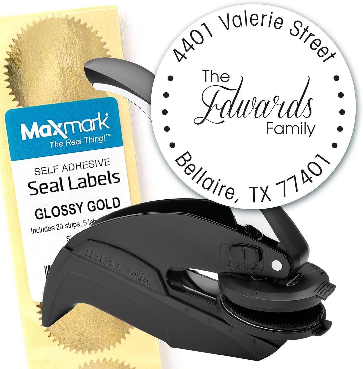 Custom Monogram Address Embosser - Personalized Round Seal with 50 Gold Seal Labels - Style EM021