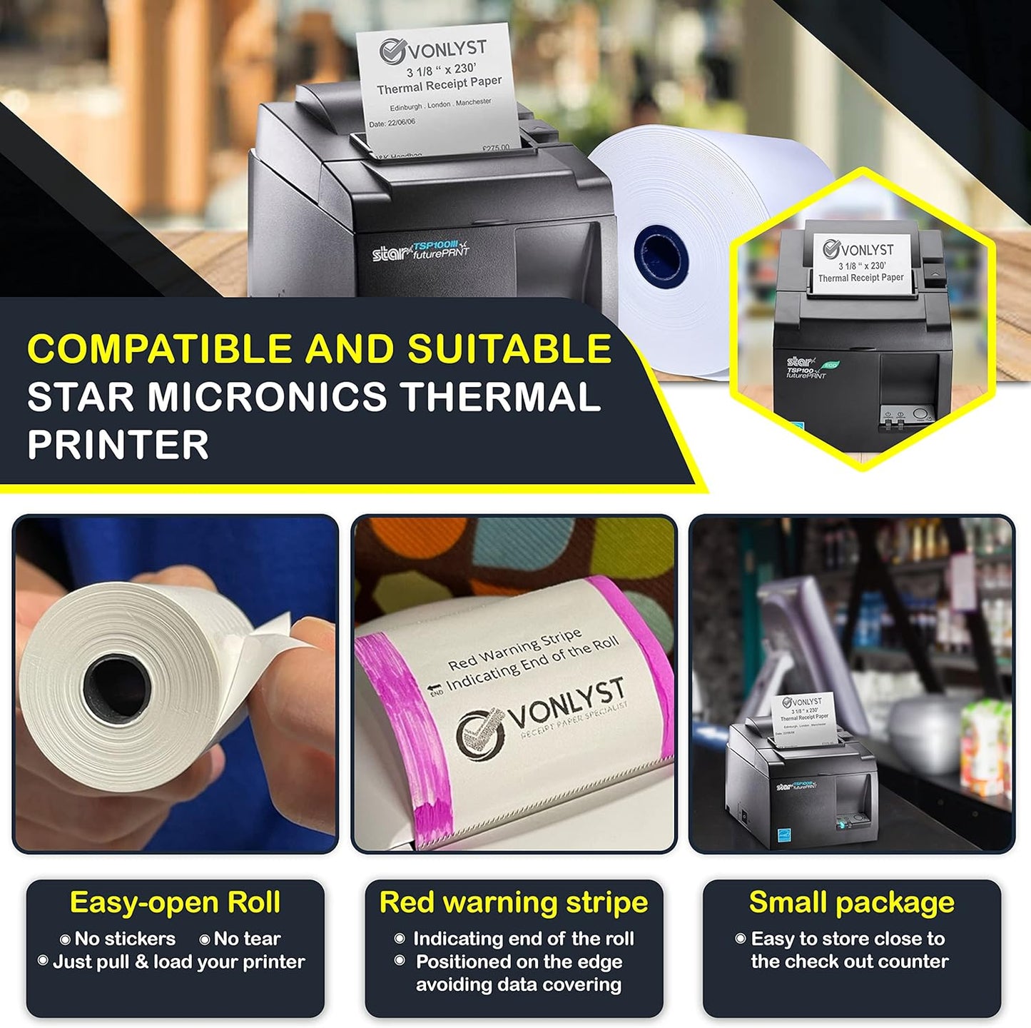 Receipt Paper Roll 3 1/8 x 230 for Square Register and Square POS System connected to Star Micronics Thermal Printer (Pack 06 rolls)