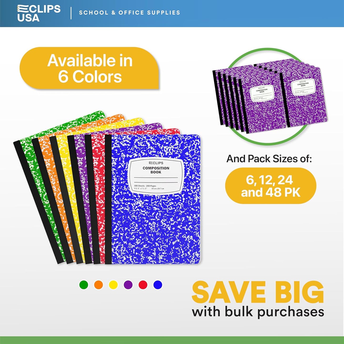 E-CLIPS USA Composition Notebooks, (24 Pack), Wide Ruled Composition Notebook, Marble Composition Notebook, 100 sheets, 200 Pages (24, Purple)