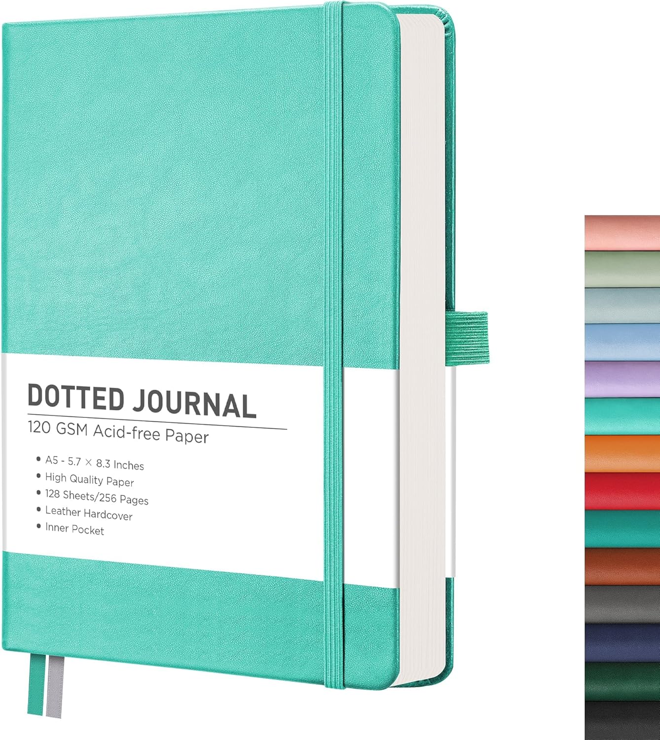 RETTACY Bullet Dotted Journal Notebook, 256 Pages, A5 Medium Size (5.7'' × 8.3''), Leather Hardcover, 120 GSM Thick Paper, for Bullet Journaling, Planning, Tracking (Mint)
