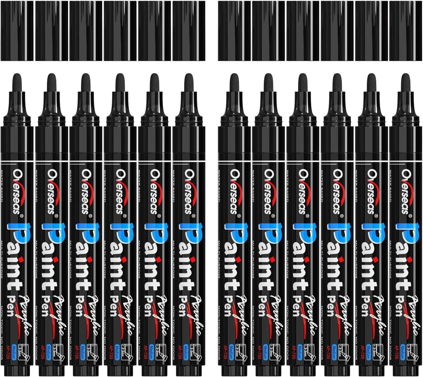 Overseas Black Paint Pens Paint Markers - Permanent Acrylic Markers 12 Pack, Water-Based, Quick Dry, Waterproof Marker Pen for Rock, Wood, Plastic, Metal, Canvas, Glass, Fabric, Mugs. Medium Tip