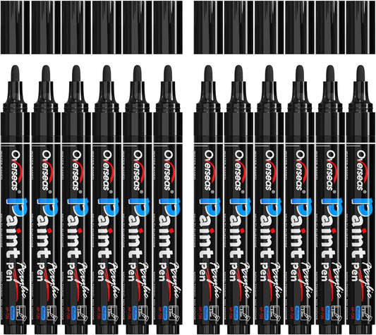 Overseas Black Paint Pens Paint Markers - Permanent Acrylic Markers 12 Pack, Water-Based, Quick Dry, Waterproof Marker Pen for Rock, Wood, Plastic, Metal, Canvas, Glass, Fabric, Mugs. Medium Tip