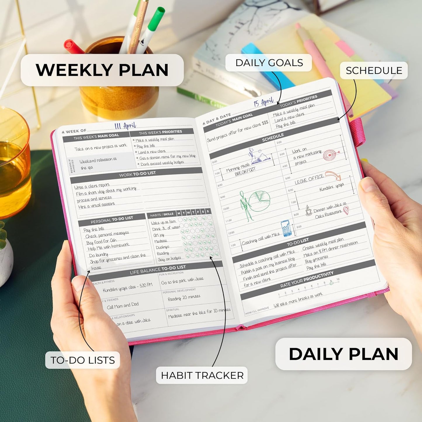Clever Fox Daily Planner – Undated Planning Notebook with Hourly Schedule & To-Do List – Personal Day Task & Work Organizer, 6 Months (Hot Pink)