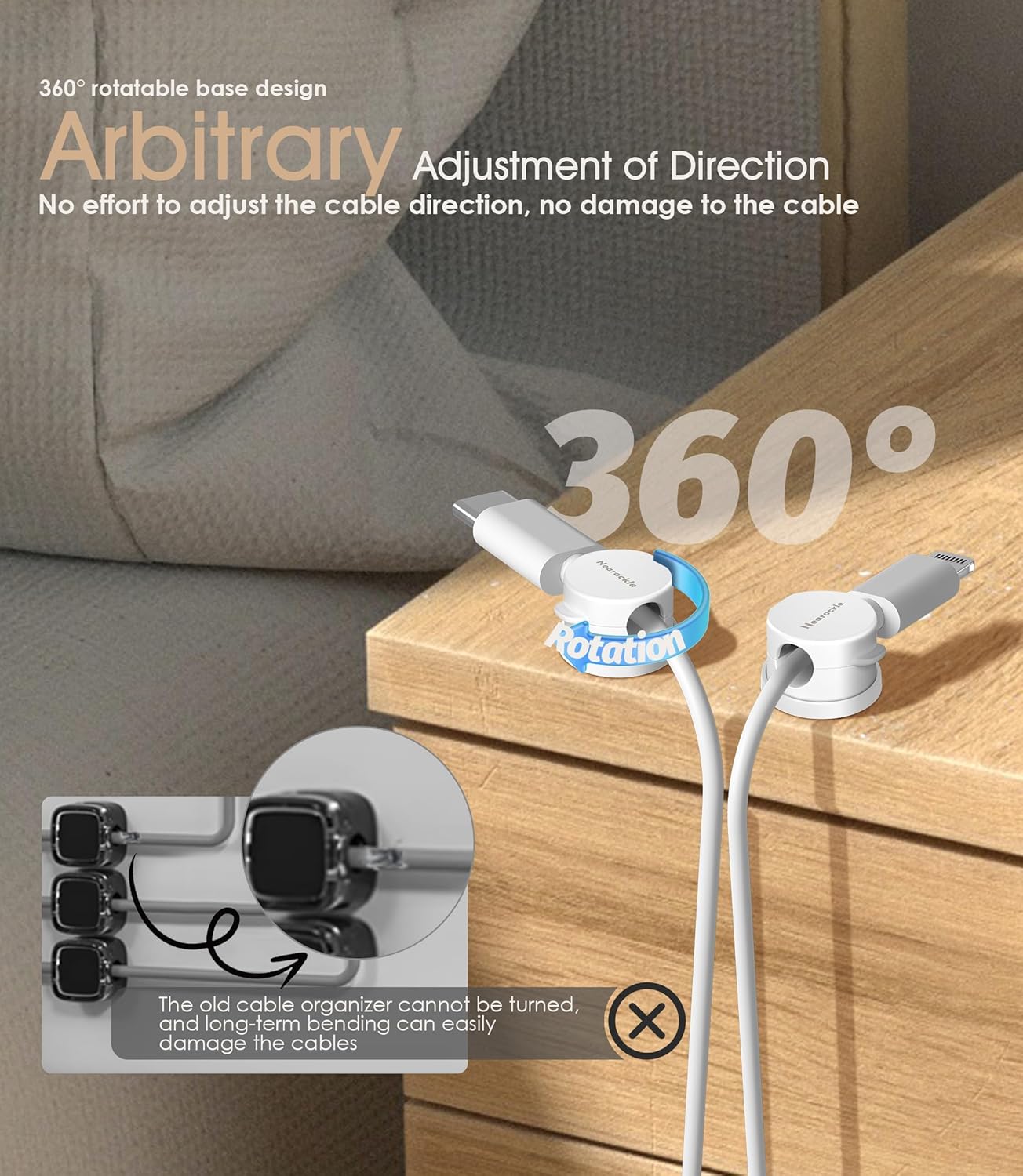 9 Pack Spring Cord Organizer Cable Clips [Locking Cable Rotatable], 2025 Latest Nearockle Phone Charging Cord Holder Cable Management for Car, Nightstand, Office Desk Accessories (White)