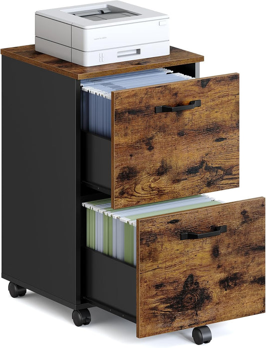 VASAGLE 2-Drawer File Cabinet, Small Rolling Filing Cabinet for Home Office, Printer Stand, for A4, Letter-Size Documents, 15.7 x 16.5 x 27.6 Inches, Rustic Brown and Ink Black UOFC040B01