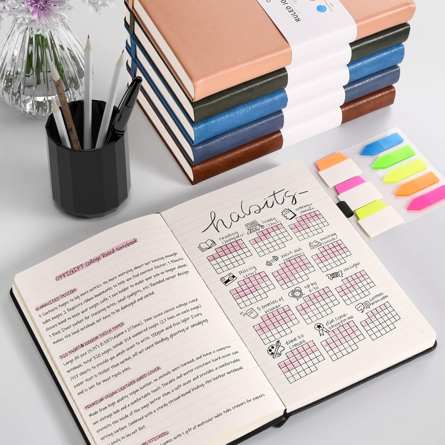 Lined Journal Notebook, Large A5 College Ruled Notebook, 312 Numbered Pages Work Notebook with Index Stickers, 100gsm Thick Paper, Hardcover Vegan Leather Journal for Women Men School Office, Blue