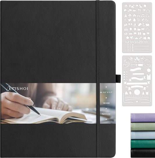 EMSHOI Dotted Journal, 8.5" x 11" Hardcover Leather Journal for Women Men, 192 Pages 100 GSM Dot Grid Notebook, Dotted Notebook for Work, A4 Large Journals for Writing, Bullet Journaling, Black