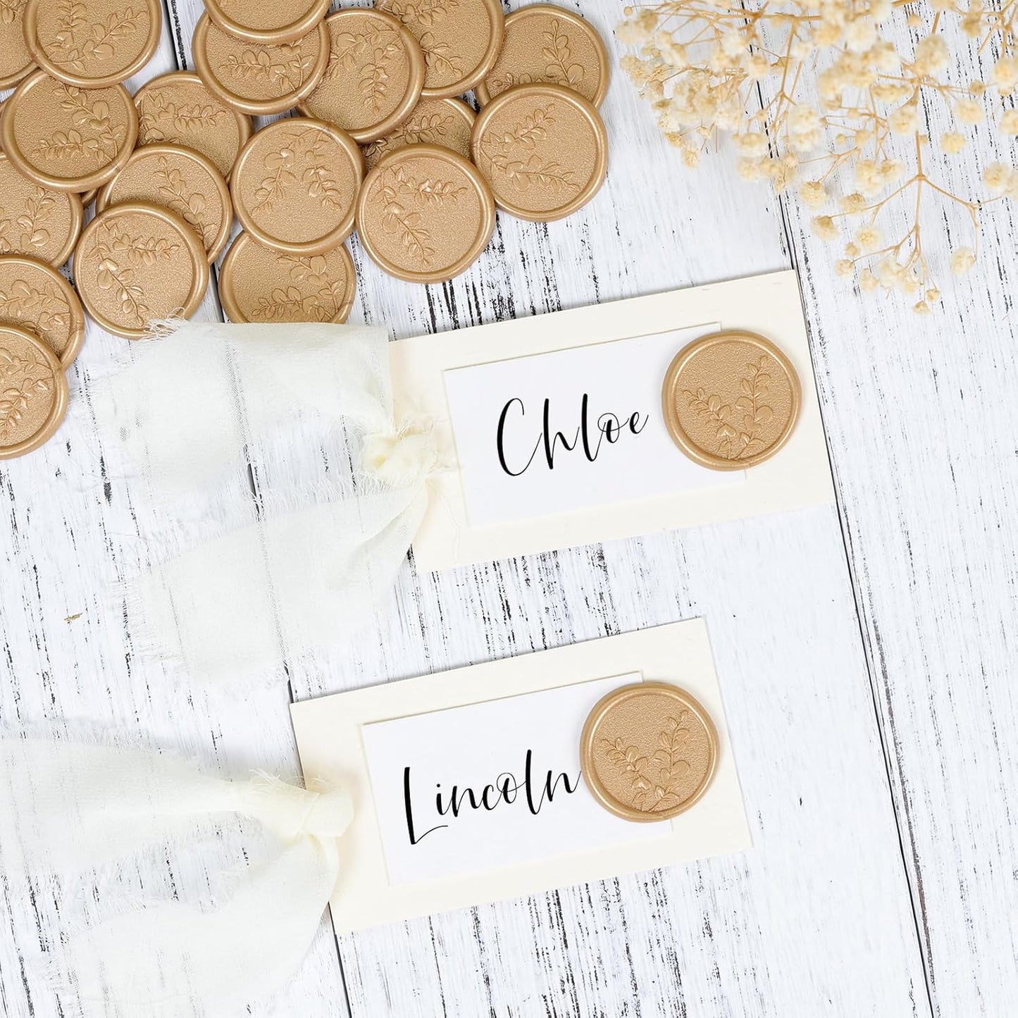 UNIQOOO Wax Seal Stickers - Eucalyptus Leaves Wedding Invitation Envelope Botanical Seal Stickers, 50 Pcs Self- Adhesive Light Gold Stickers, Perfect for Invitation, Christmas, Gift Wrapping, Party
