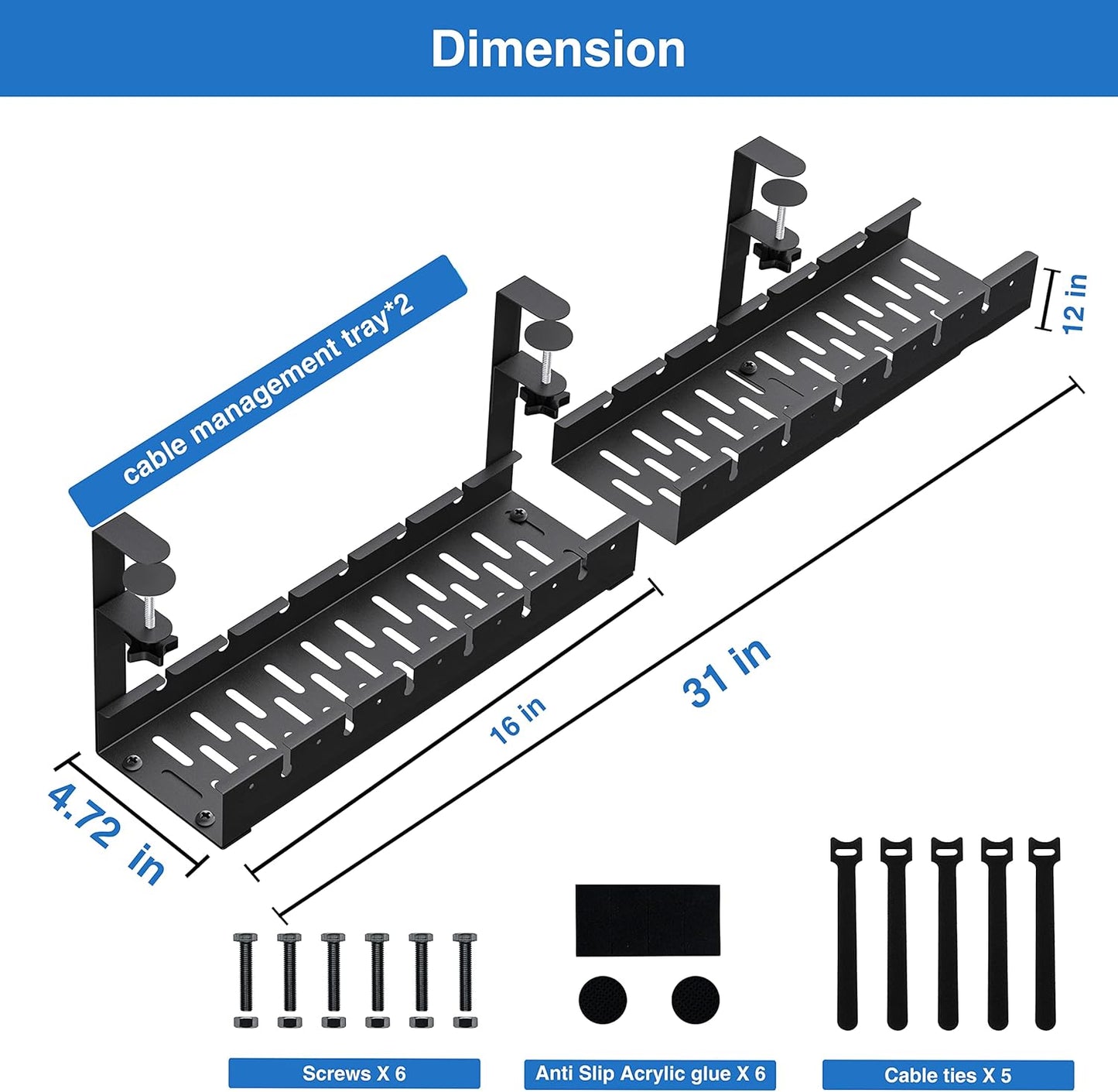 No Drilling Extendable Under Desk Cable Management, Metal Cable Management Tray Under Desk with Clamp, Retractable Power Strip Cord Holder for Wire Management 31Inch (1 Pack Black or white random 31')