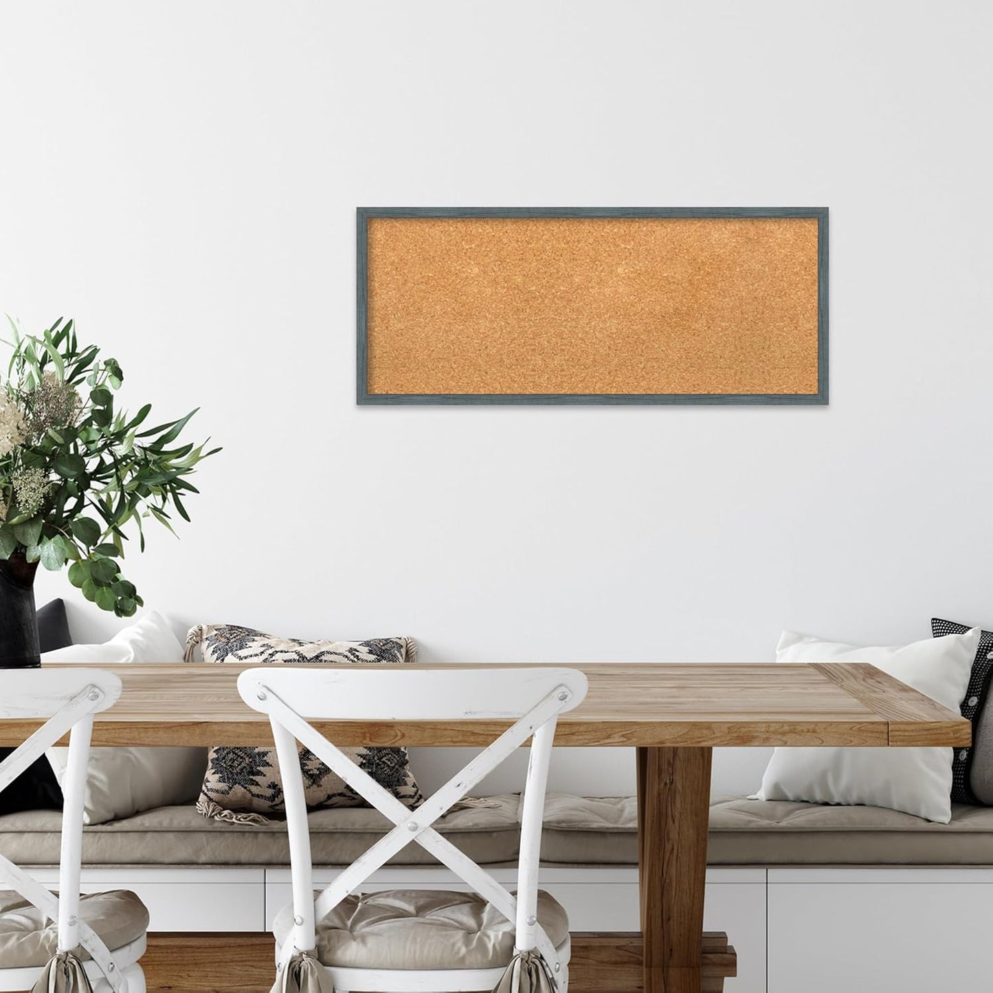 Amanti Art Natural Cork Board for Wall, 13x31 Vision Board with Blue Wood Frame, Medium Corkboard Office Decor for Home Organization, Rustic Farmhouse Corkboard Pinboard to display items for home