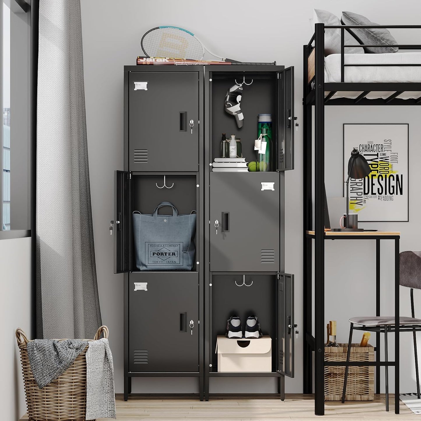 Aobabo 16" W 3 Door Metal Storage Locker with Lock, 66" H Steel Locker with Name Card Holder and Metal Hook for School, Home, Office, Playroom, Assembly Required, Black