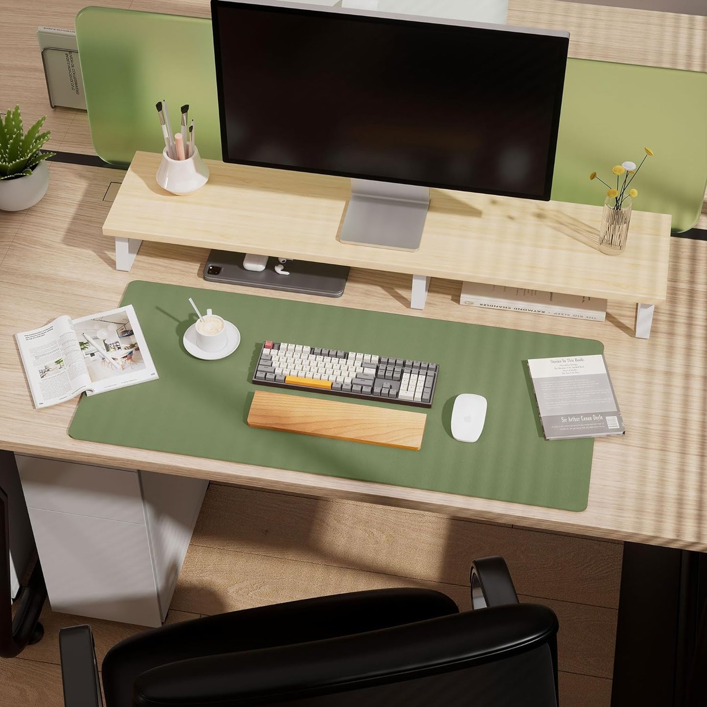 Aothia Dual-Sided Desk Pad - Leather Desk Mat, Natural Cork Desk Pad Protector, Large Mouse Pad for Desk, Waterproof Desk Blotter Pad, Desk Writing Pad for Office Work/Home, Olive Green (37.8"x17")