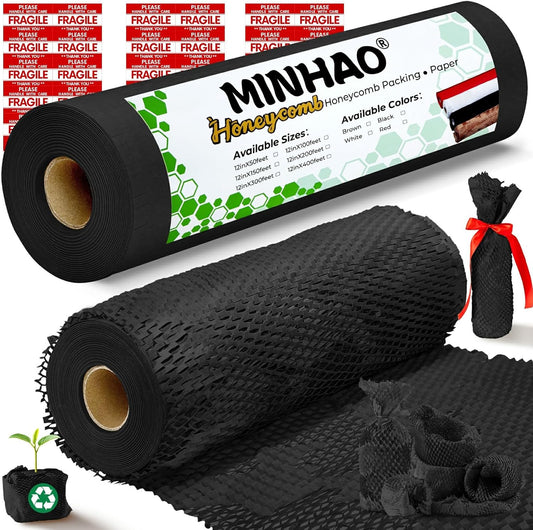 Honeycomb Packing Paper, 12"x150' Black | Perforated Honeycomb Packing Paper Recyclable Moving Supplies for Shipping & Moving | Plastic-Free Alternative to Bubble Cushion Wrap with 36 Fragile Stickers