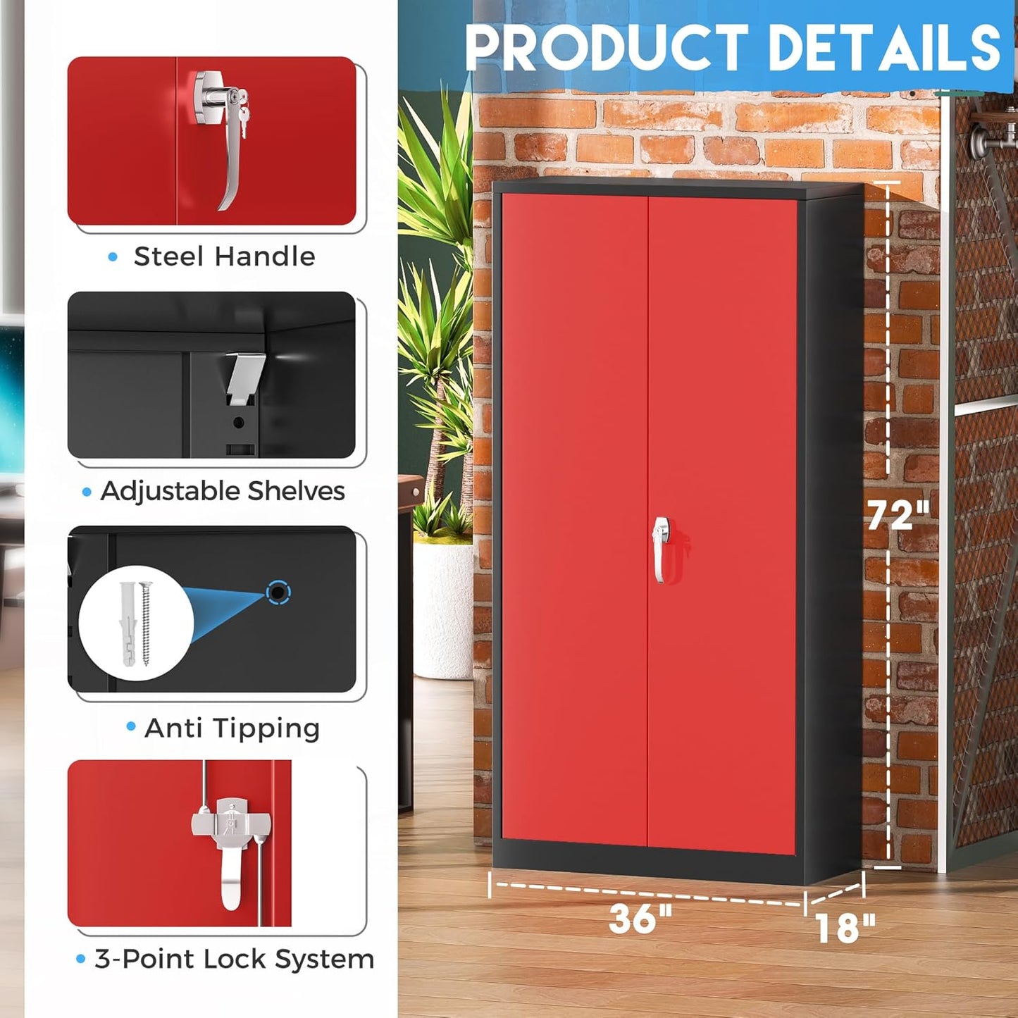 Greenvelly Metal Cabinet with 2 Doors and Adjustable Shelves, 72”H Steel Storage Cabinet, Locking Tall Metal Storage for Office, Home, Garage, School