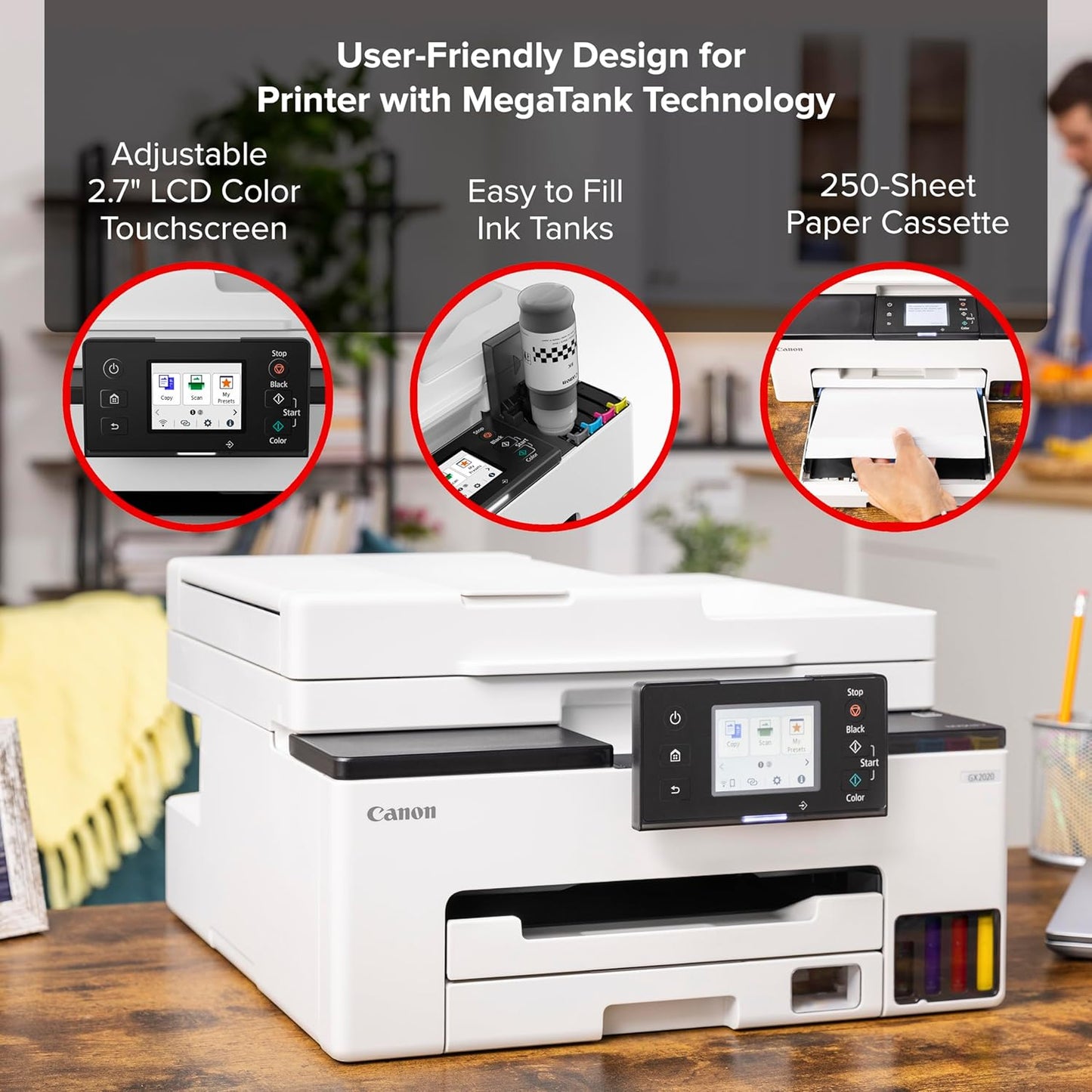 Canon Megatank GX2020 All-in-One Wireless Supertank [Megatank] Printer | Print, Copy and Scan| Mobile Printing |2.7" LCD Color Touchscreen | Auto Document Feeder and Auto Duplex Printing