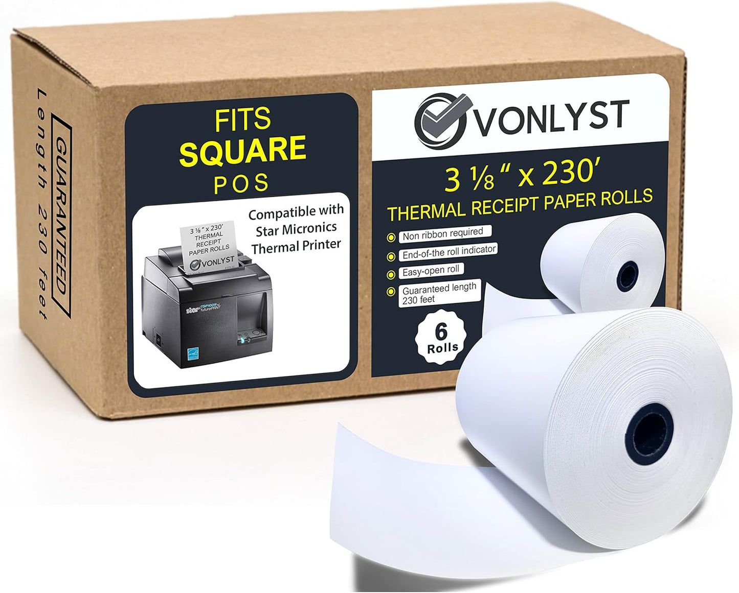 Receipt Paper Roll 3 1/8 x 230 for Square Register and Square POS System connected to Star Micronics Thermal Printer (Pack 06 rolls)