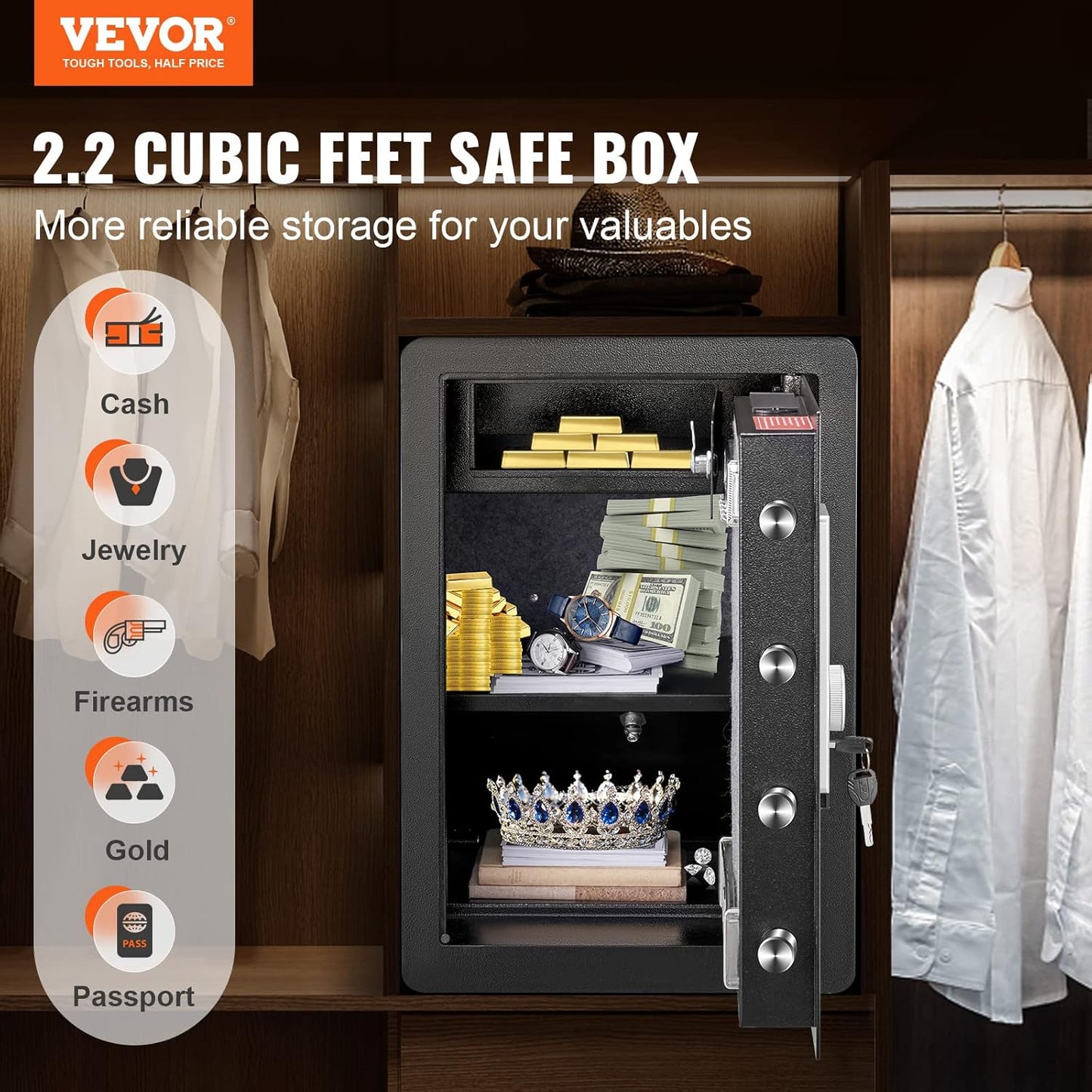 VEVOR Steel Security Safe - 2.2 Cubic Feet, Fingerprint & Digital Keypad Lock, Fire-proof Bag, Protect Cash, Gold, Jewelry, Documents - 15.8x13x23.6 inch