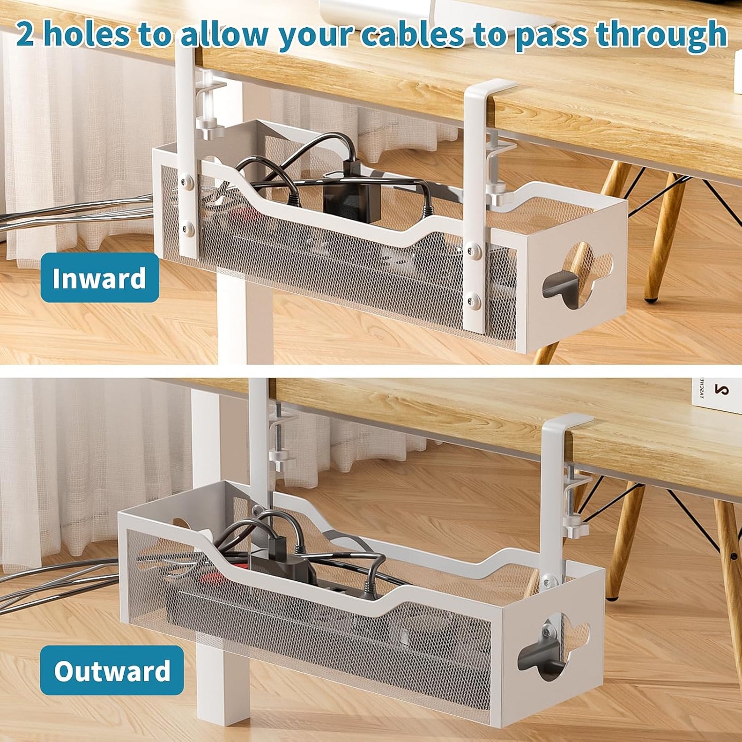 Under Desk Cable Management Tray, Litwaro No Drill, Metal Tray with Clamp for Wire Management, Cord Organizer Home Office Damage to Standing Desk, White, 13.38''