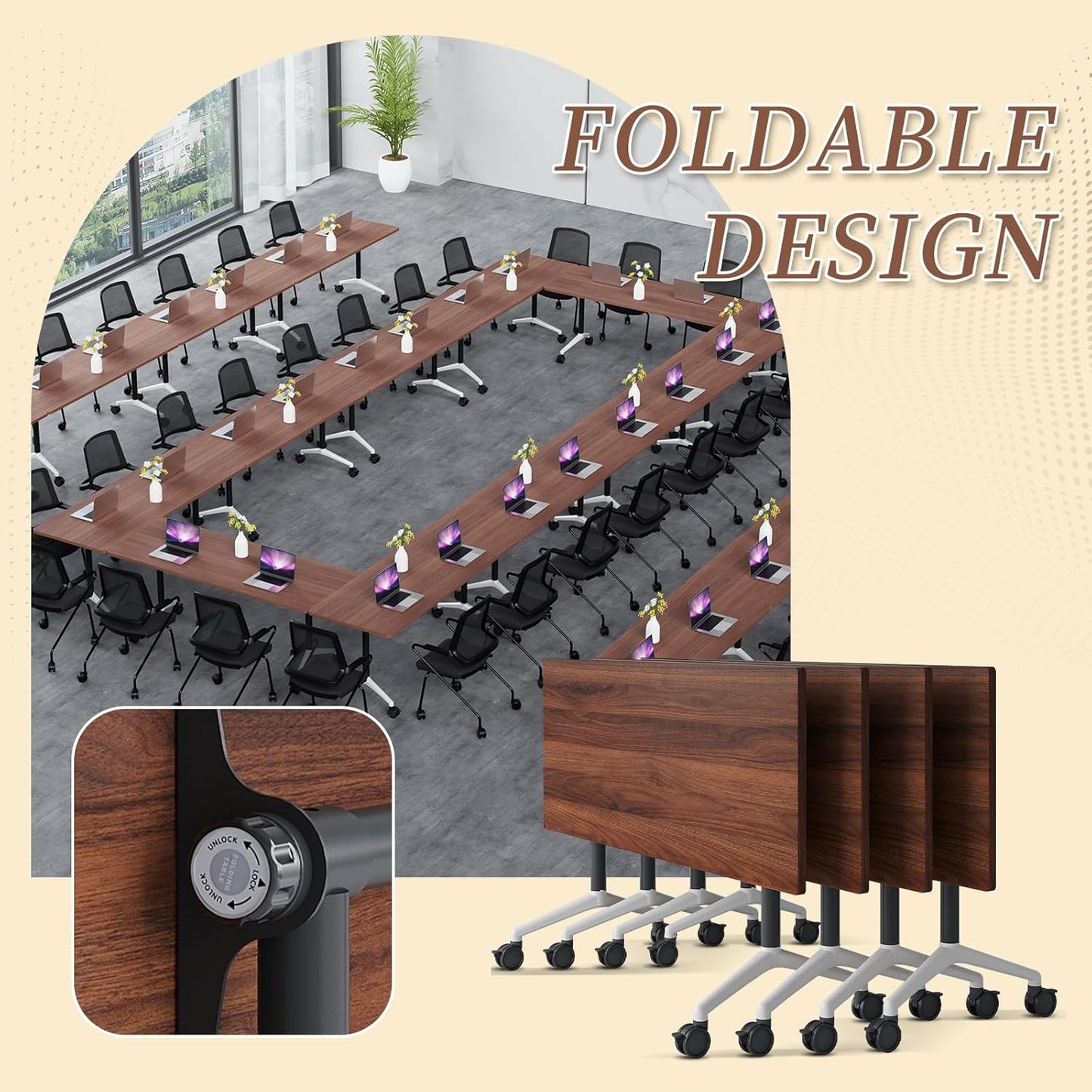 Folding Conference Room Table, Modern Conference Tables with Wheels, Large Rectangular Mobile Training Tables for Office Classroom, Foldable Modular Boardroom Seminar Table (6pack L55.1in)