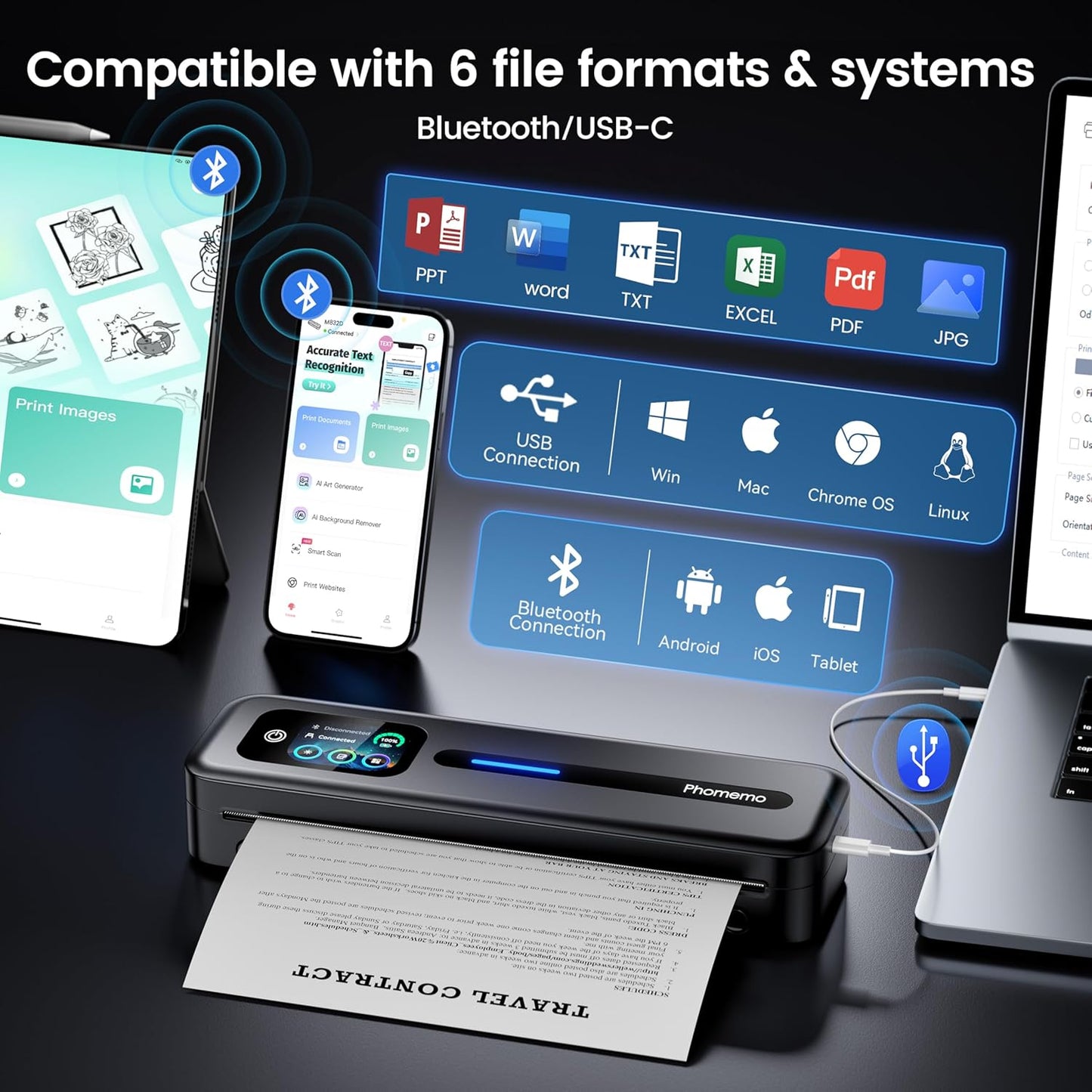 Phomemo Upgraded Portable Printer with Touchscreen, M832D Bluetooth Wireless Thermal Inkless Printer, Supports 8.5"x11" US Letter & A4, Compatible with iOS, Android, PC for Travel, Black