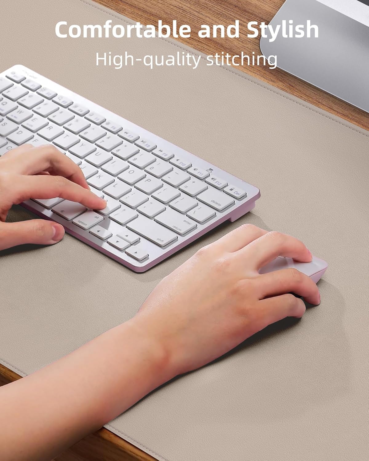 Leather Desk Pad Protector Large Mouse Pad, Stitched Locking Edge Non-Slip PU Leather Desk Mat Laptop Desk Pad Blotter, Waterproof Durable Writing Pad for Office and Home (Beige, 120 x 43cm)