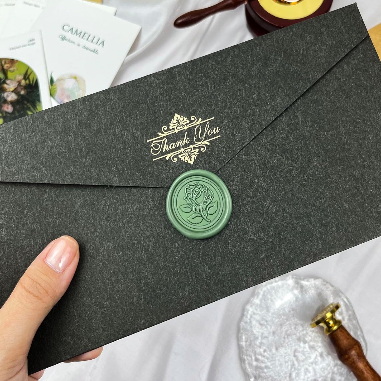 100Pcs Wax Seal Stickers Handmade Envelope Seals Self Adhesive Wax Stickers for Wedding Party Invitations, Envelope, Gift Wrap, Christmas(Rose Style, Olive Green)