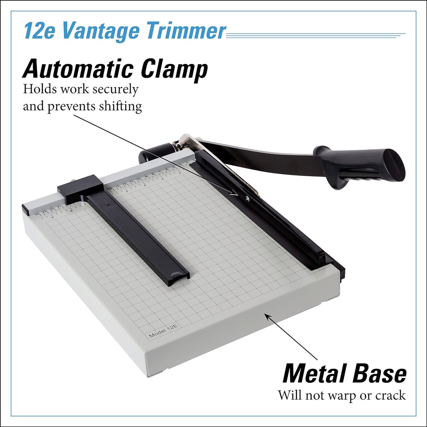 Dahle 12e Vantage Paper Trimmer, 12" Cut Length, 15 Sheet, Automatic Clamp, Adjustable Guide, Metal Base with 1/2" Gridlines, Guillotine Paper Cutter