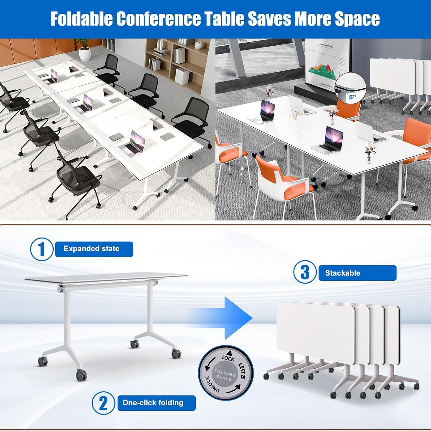 Conference Table, Folding Conference Desk Modern White, Seminar Table with Wheels, 2-10 People for Office, Meeting Break Room (6, 1915, 61IN)