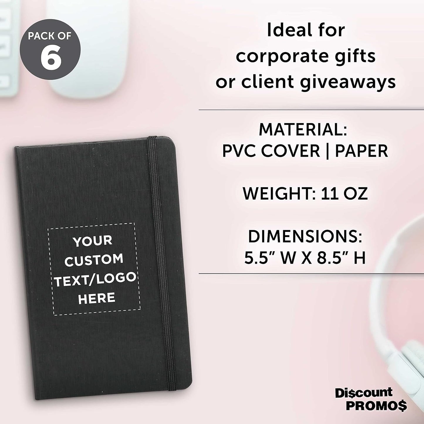 DISCOUNT PROMOS Custom Hardcover Notebook Journals with Elastic Colored Band Set of 6, Personalized Bulk Pack - Perfect for School, Office, Home - Black
