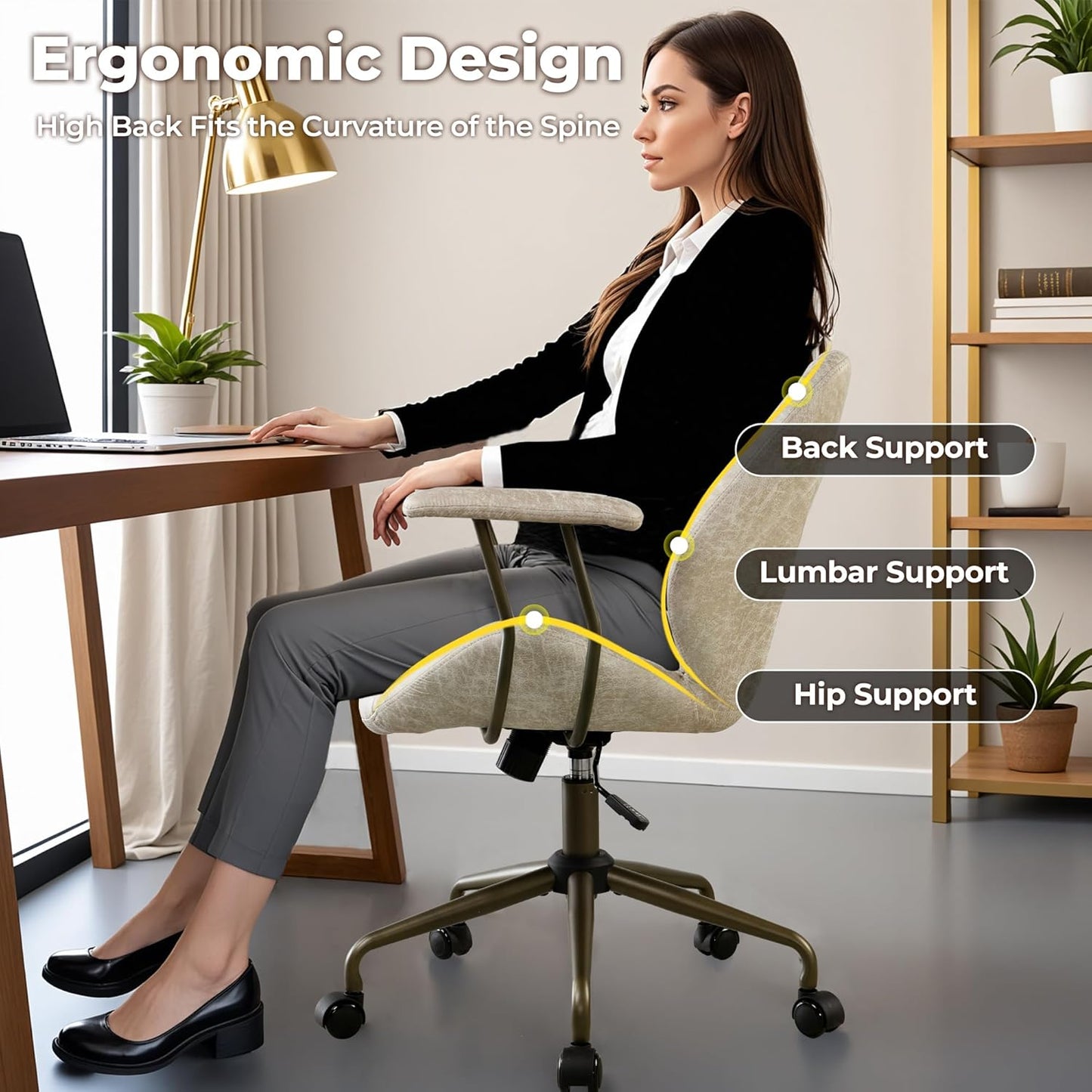 ovios Ergonomic Home Office Chair, Mid-Century Modern Faux Leather Chairs with Padded Armrests, Comfy Mid Back Swivel Rolling Executive Computer Armchair (Beige, Suede Leather)
