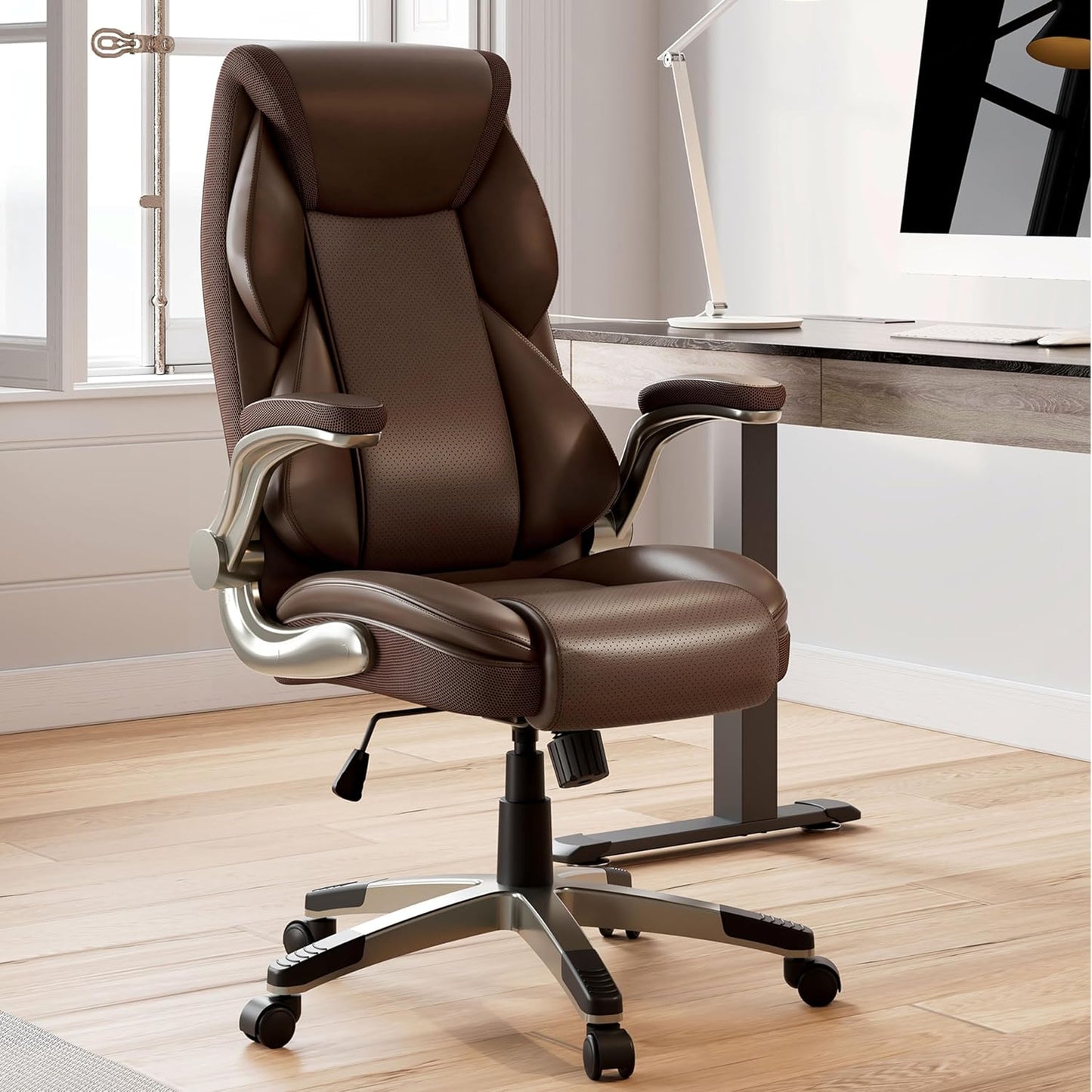 EUREKA ERGONOMIC Executive Office Chair Flip Up Arm Rest, Ergonomic Desk Chair Faux Leather Computer Chair, High Back Office Chair with Headrest, Home Office Desk Chairs with Wheels, Brown
