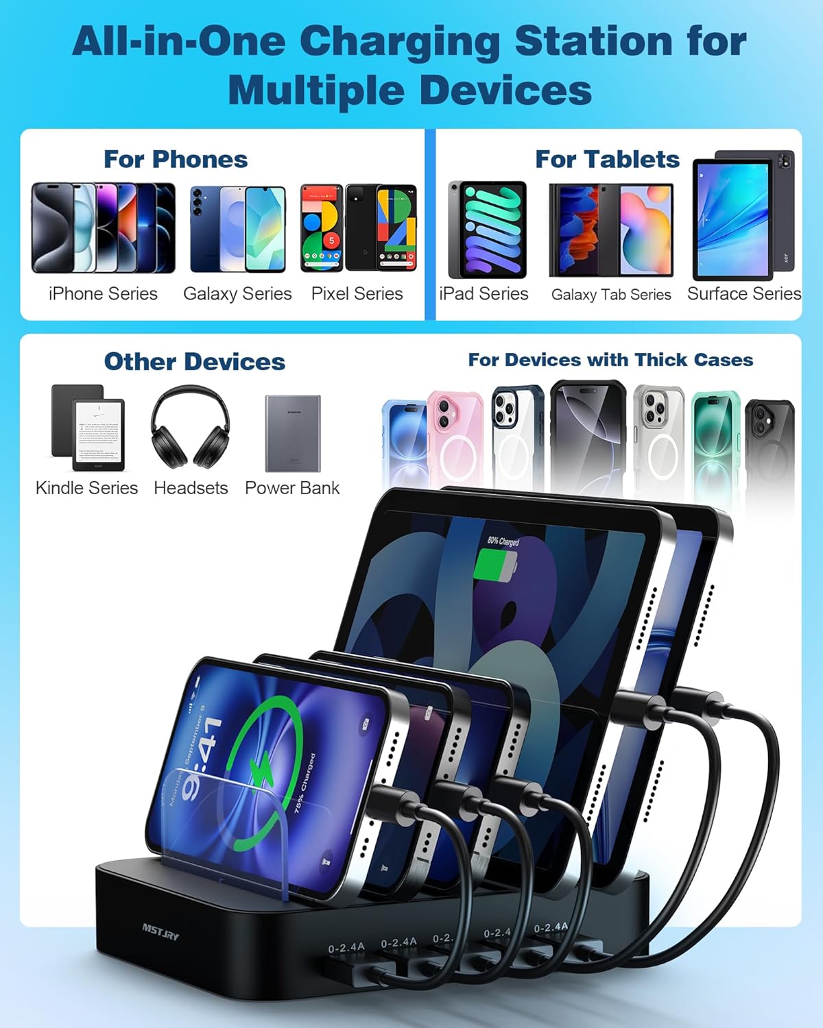 MSTJRY Charging Station for Multiple Devices : 5 Port Multi USB-A Charger Stations Multi-Device Organizer Charging Dock Designed for iPhone iPad Cell Phone Tablets (7 Short Cables Included), Black