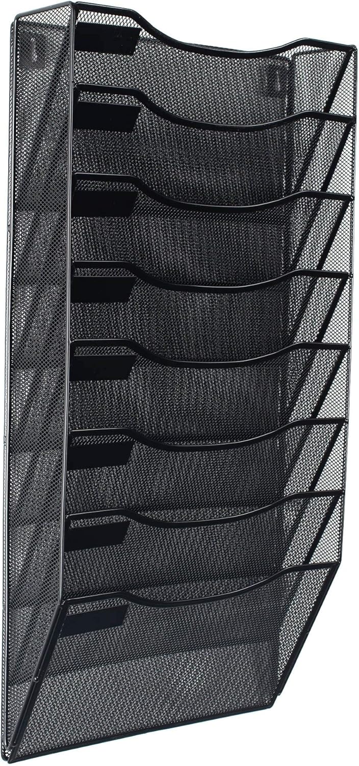 8 Section Hanging Files Wall Mounted Metal Mesh Document Organizer Magazine Holder Rack Multipurpose Use to Display Files, Magazines, Newspapers - Black