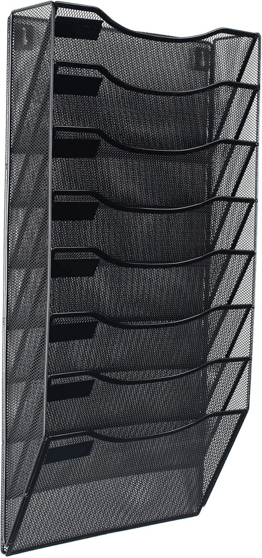 8 Section Hanging Files Wall Mounted Metal Mesh Document Organizer Magazine Holder Rack Multipurpose Use to Display Files, Magazines, Newspapers - Black