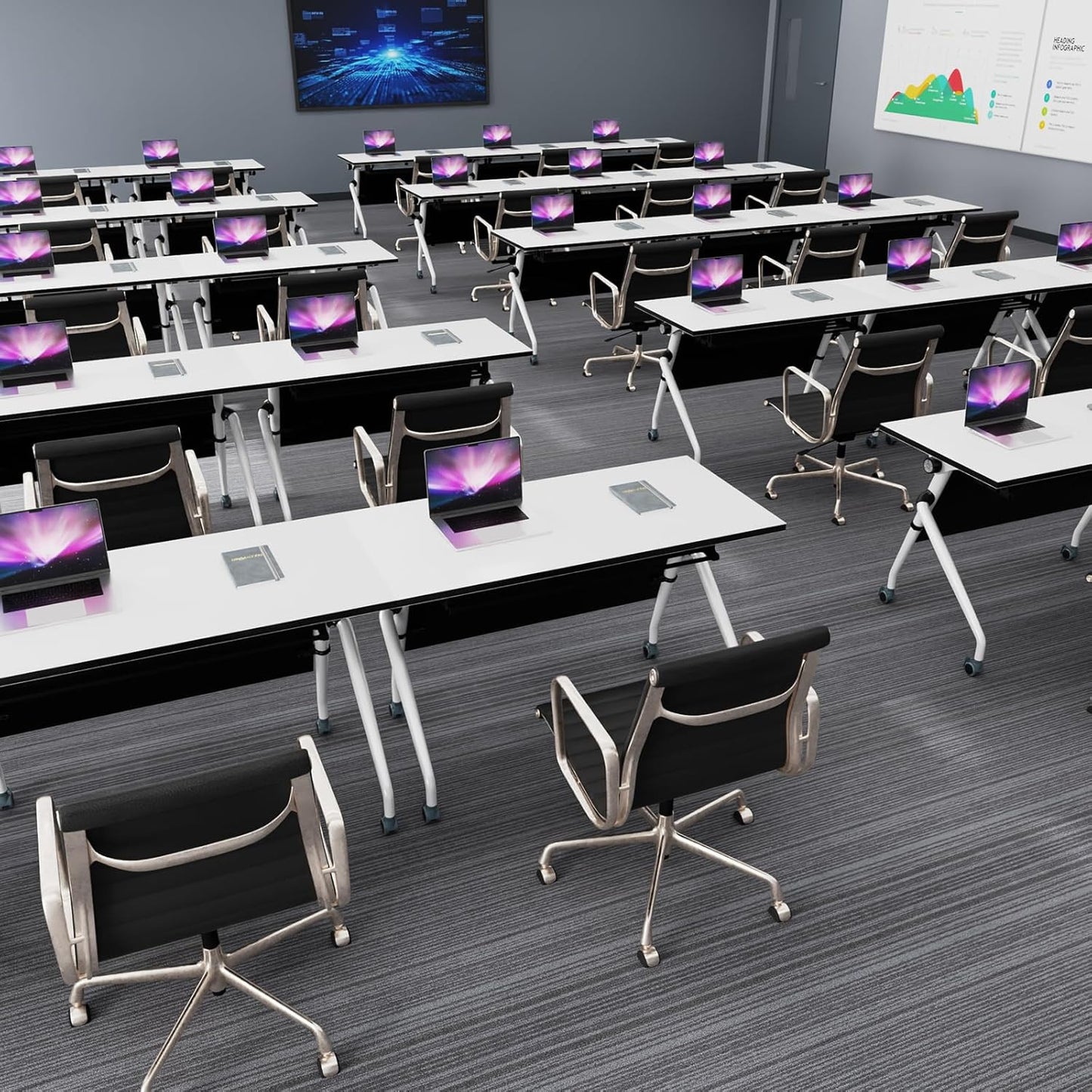 Conference Table, Folding Conference Room Tables, Mobile Training Tables with Silent Wheels, Large Rectangular Modular Seminar Table Office Computer Desks for Classroom White (8Pack L55.1in)