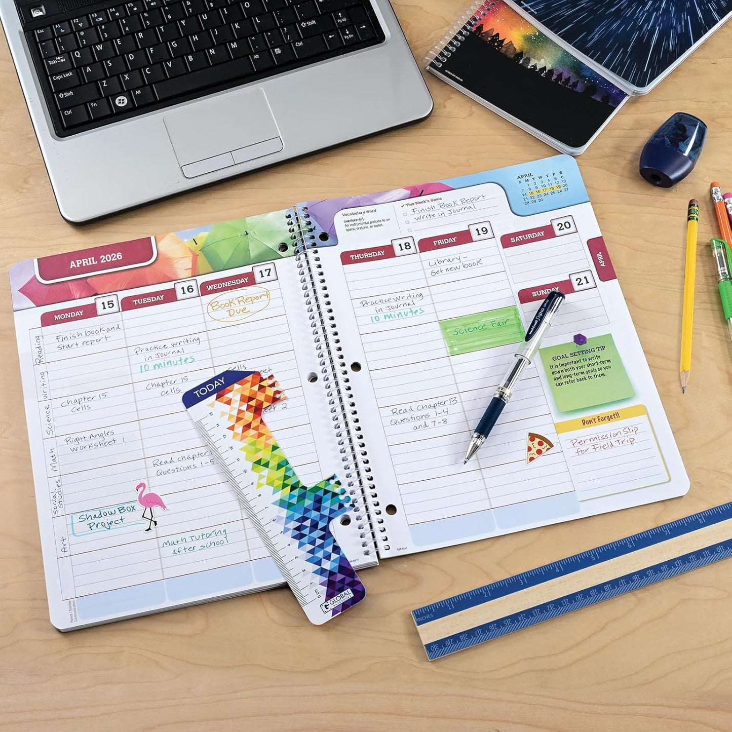Global Datebooks Dated Middle School or High School Student Planner for Academic Year 2025-2026 Includes Ruler/Bookmark and Planning Stickers (Matrix Style - 8.5"x11" - Spectrum)