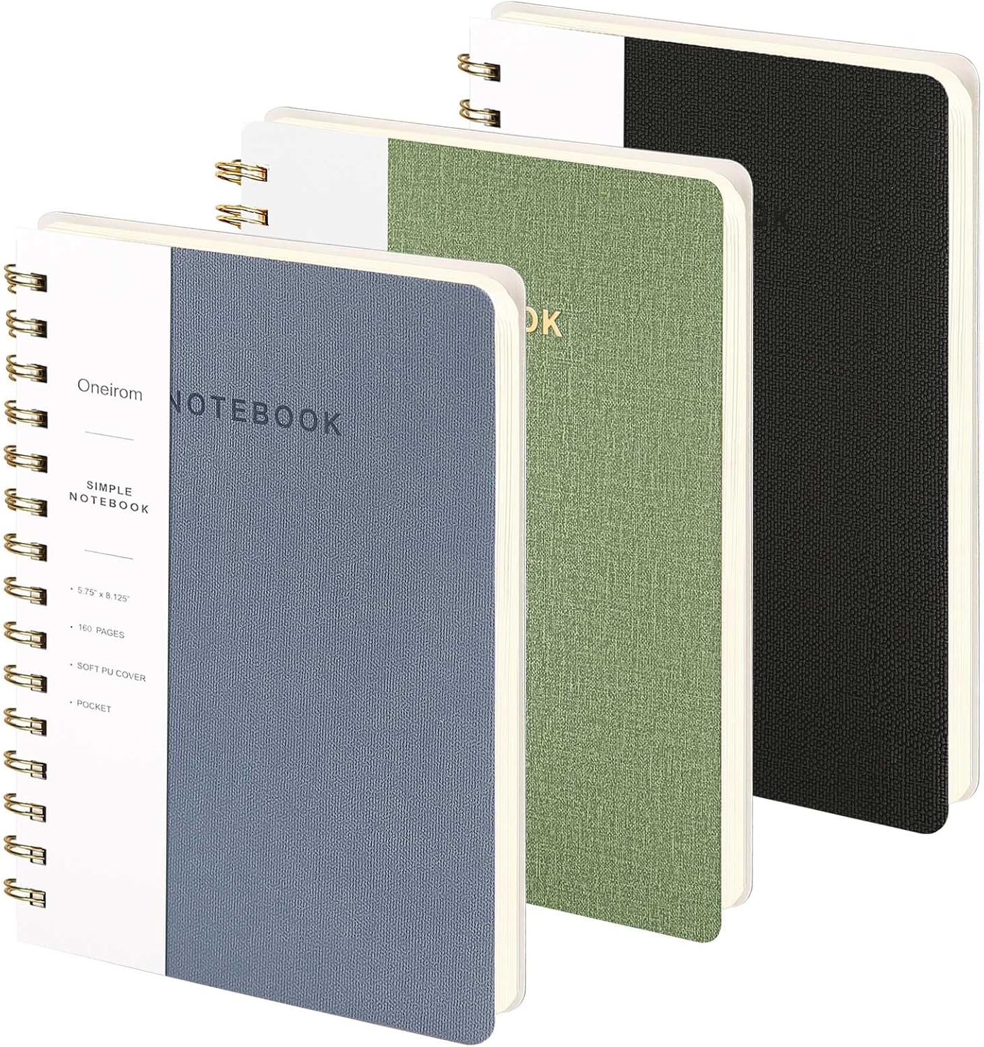 Lined Spiral Notebook College Ruled A5 Journal Book for Note Taking, 160 Pages Writing Journal for Office and Home School Supplies 5.75x8.125 inch - Green Blue Black