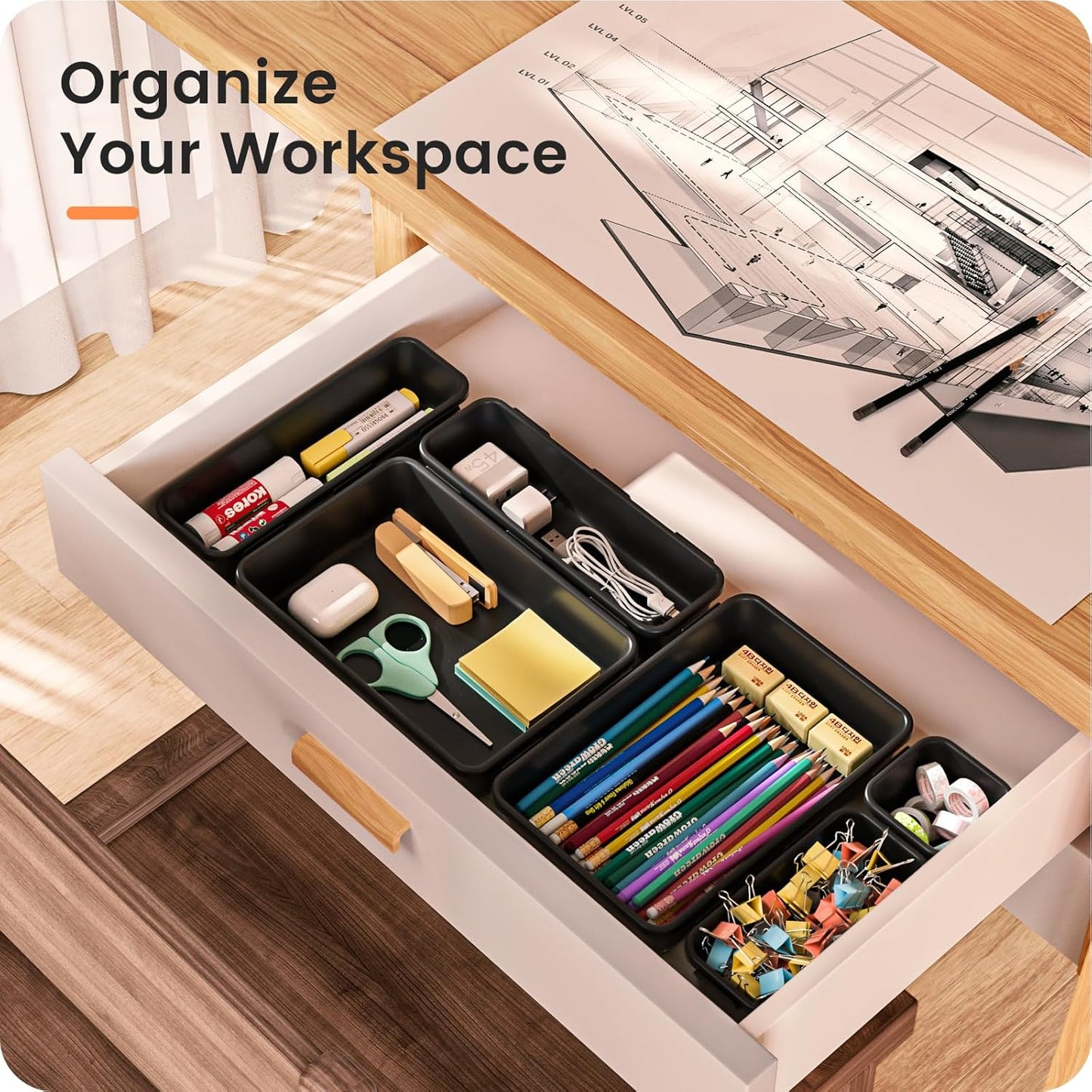 【28PCS】A-LUGEI Drawer Organizer, Bathroom Organizers and Storage, Makeup organizer, Desk drawer organizer, Storage Bins for Kitchen Office Bedroom Vanity Jewelry Pantry Garage【Black】【4Size】