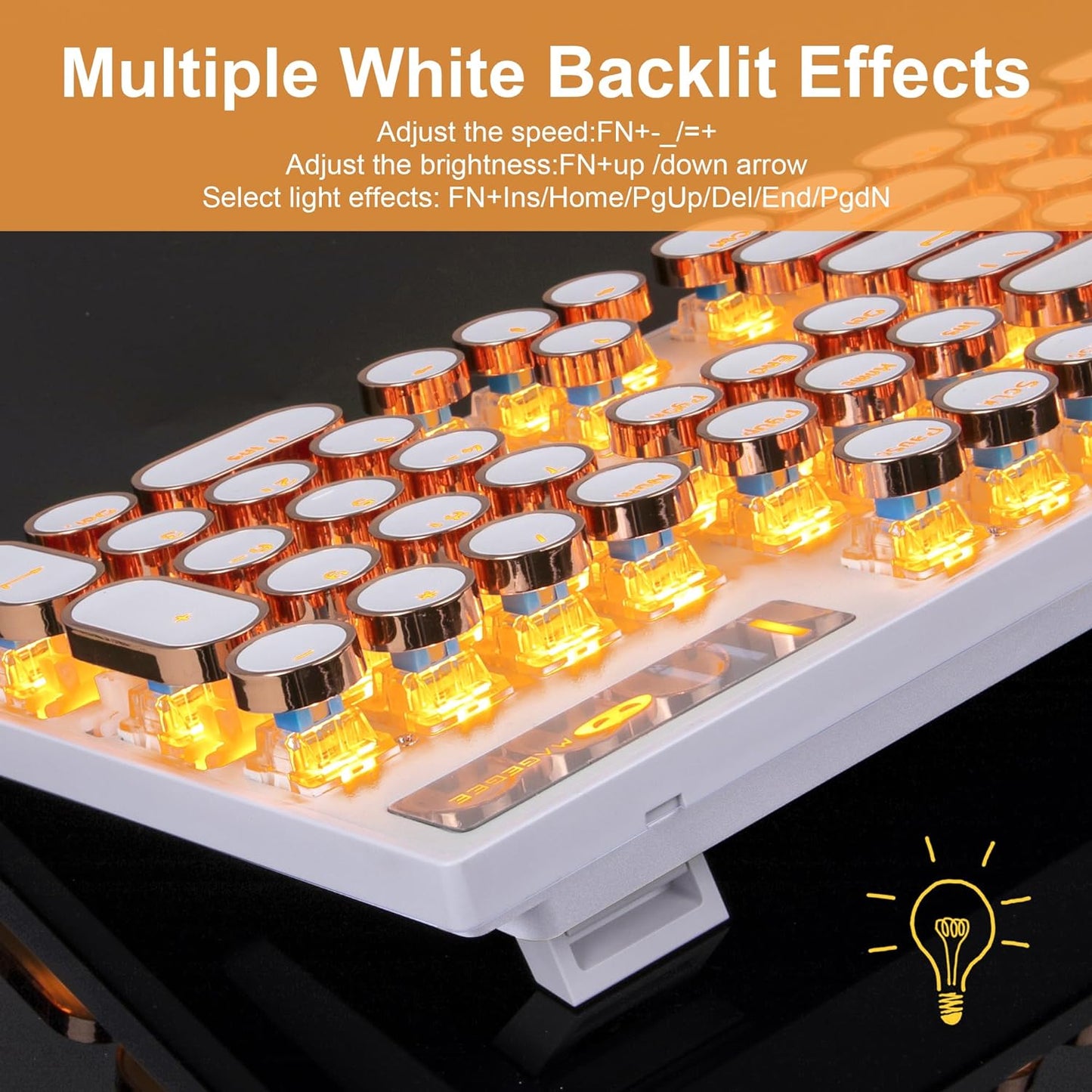Typewriter Style Mechanical Keyboard, Retro Punk Gaming Keyboard with Gold LED Backlit, Cute Wired Keyboards,104 Keys Full Size Keyboards, Uique Round Keycaps for Windows/Mac/PC(White&Gold)