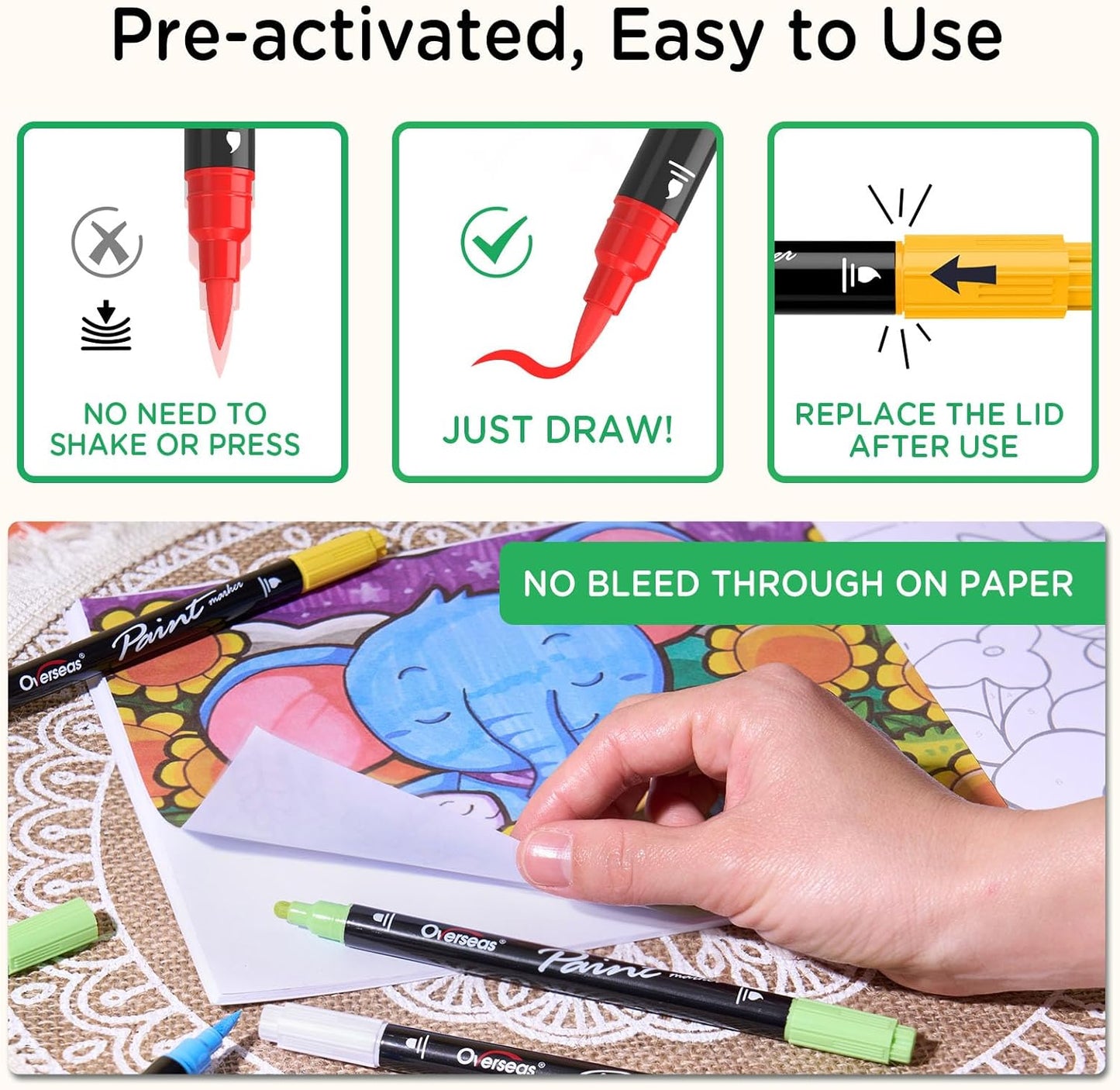 Overseas 12 Dual-Tip Acrylic Paint Markers Pens - Acrylic Paint Pens with Brush and Dot Tip, No Bleeding Coloring Marker for Wood, Rock, Glass, Metal, Ceramic, Plastic, Fabric, Teacher Supplies