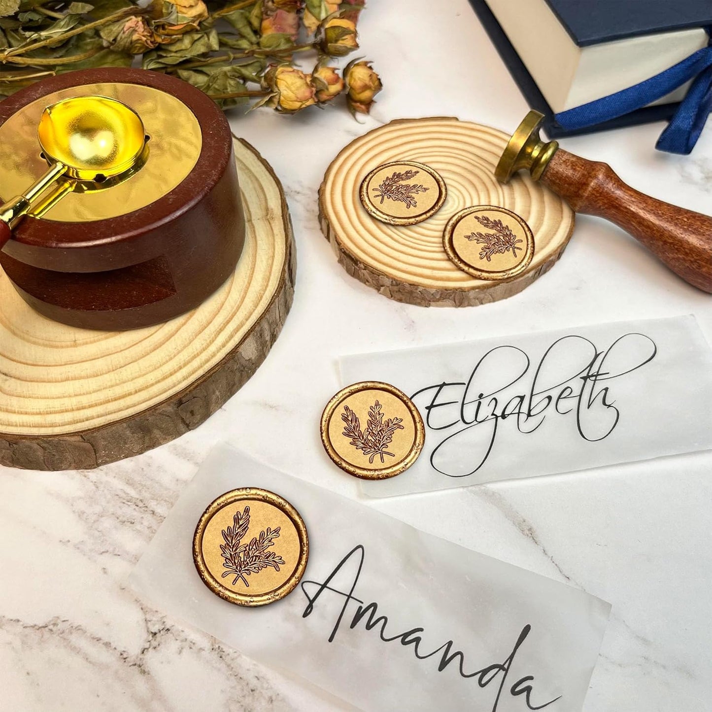 100Pcs Wax Seal Stickers Handmade Envelope Seals Self Adhesive Wax Stickers for Wedding Party Invitations, Envelope, Gift Wrap, Christmas(Rosemary Style, Antique Gold)