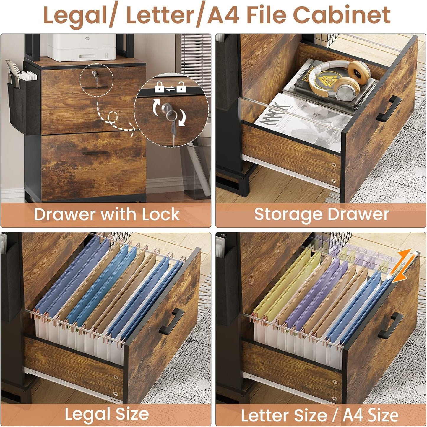 Itaar 2 Drawer File Cabinet with Lock, Fits Letter, Legal, A4 Size, Hanging File Folders, Adjustable Storage Shelf and Hook, Rustic Brown